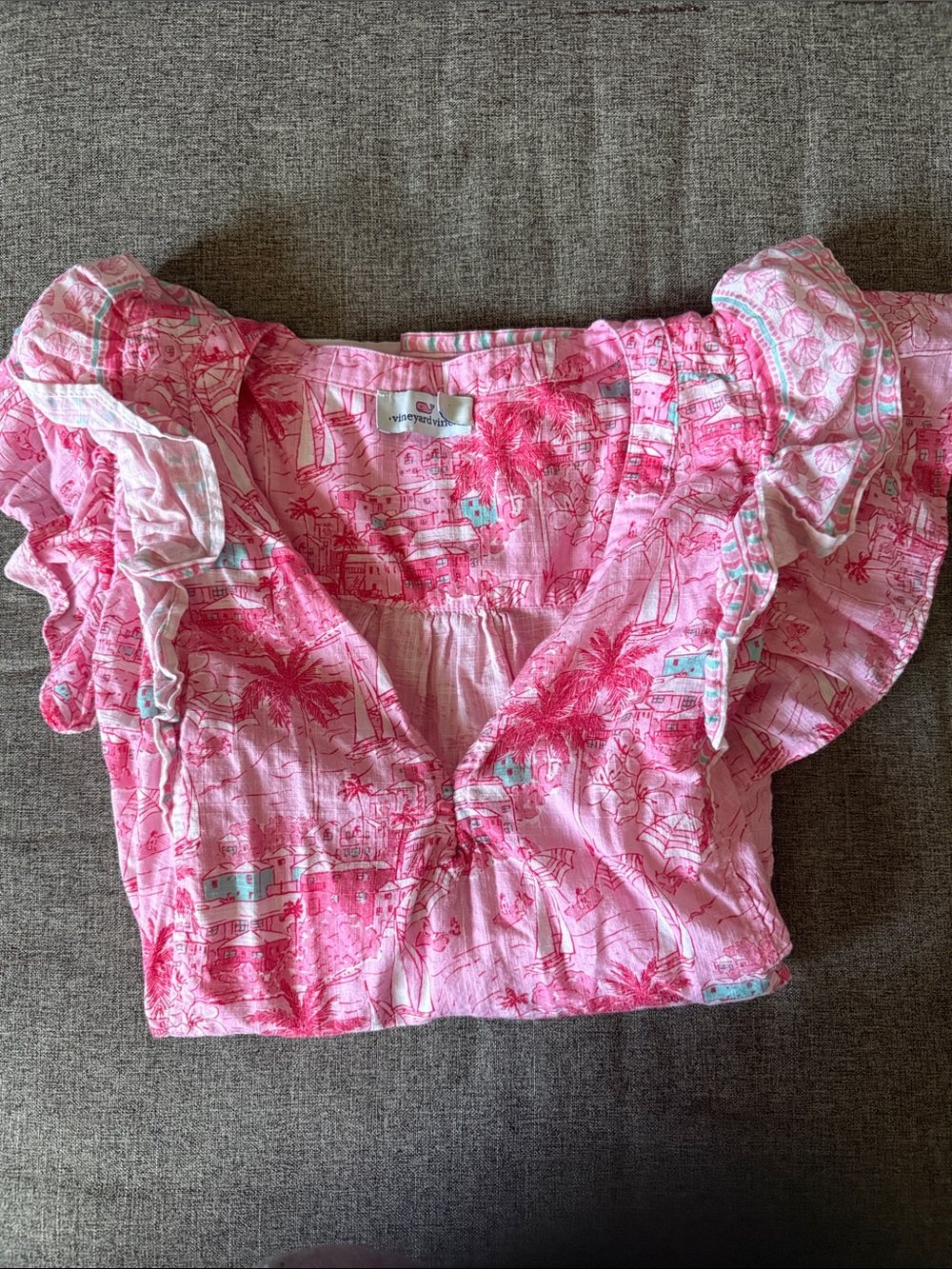 Vineyard Vines Pink Patterned Ruffle Sleeve Top